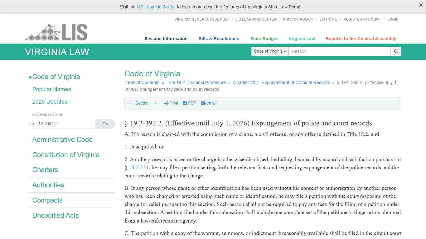 § 19.2-392.2. (Effective July 1, 2026) Expungement of police and court records